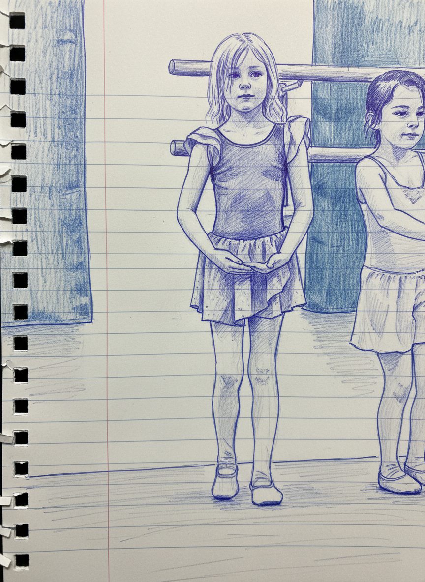 Pen sketch of a young girl in a ballet leotard standing at a barre, serious expression