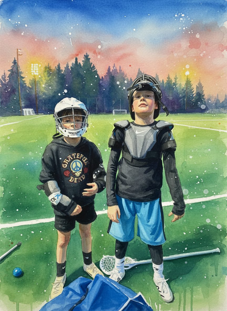 Watercolor of two boys in lacrosse gear on a field at dusk — one in a Grateful Dead hoodie