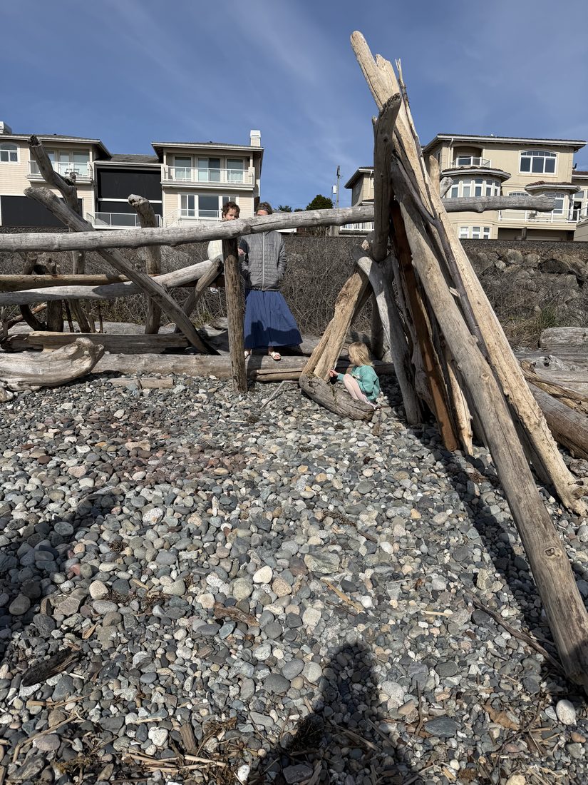 Kids building a driftwood lean-to structure on a rocky pebble beach, Puget Sound houses visible on the bluff