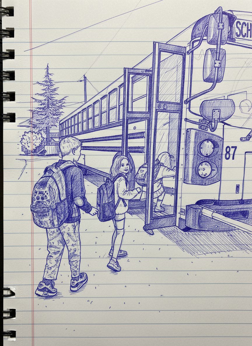 Pen sketch on notebook paper of two kids with backpacks boarding school bus number 87