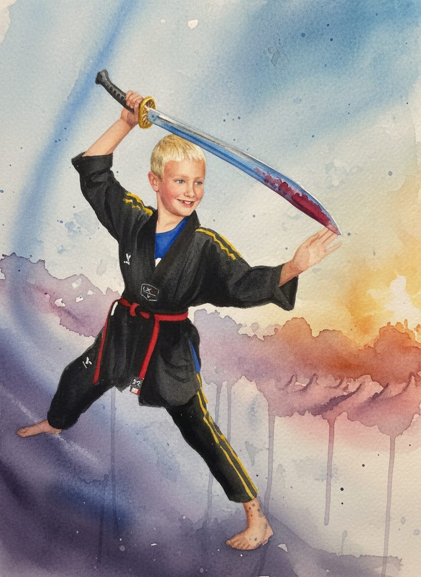 Watercolor of a boy in a black martial arts uniform holding a sword, mid-stance